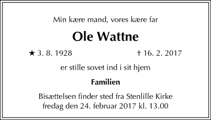 Dødsannoncen for Ole Wattne - Dianalund