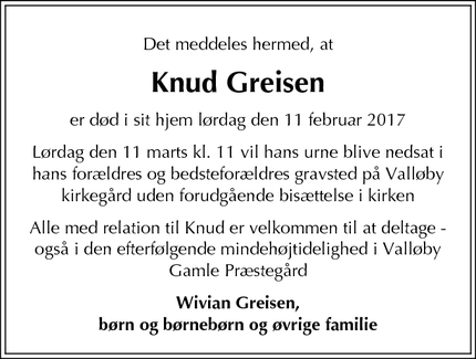 Dødsannoncen for  Knud Greisen  - Paris, Frankrig