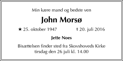 Dødsannoncen for John Morsø - Ordrup