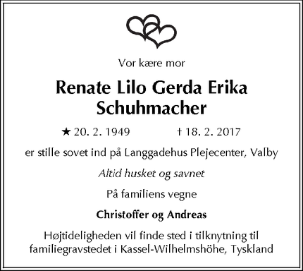 Dødsannoncen for Renate Lilo Gerda Erika Schuhmacher - Valby