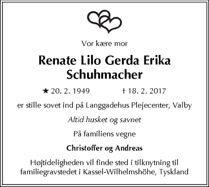 Dødsannoncen for Renate Lilo Gerda Erika Schuhmacher - Valby