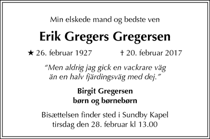 Dødsannoncen for Erik Gregers Gregersen - Dragør
