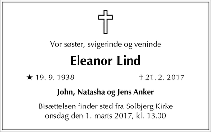 Dødsannoncen for Eleanor Lind - Frederiksberg