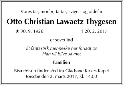 Dødsannoncen for Otto Christian Lawaetz Thygesen - Gladsaxe