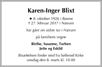 Dødsannoncen for Karen-Inger Blixt - Nærum