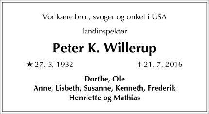 Dødsannoncen for Peter K. Willerup - San Francisco,USA