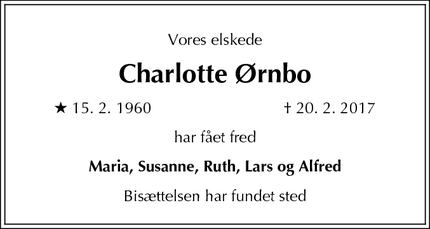 Dødsannoncen for Charlotte Ørnbo - København