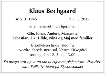 Dødsannoncen for Klaus Bechgaard - København