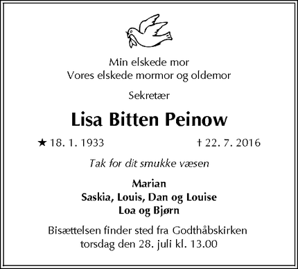 Dødsannoncen for Lisa Bitten Peinow - Frederiksberg