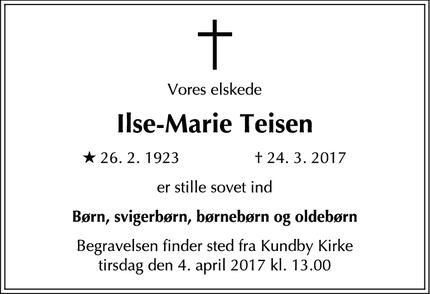 Dødsannoncen for Ilse-Marie Teisen - Regstrup