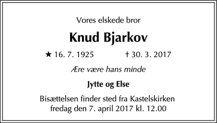 Dødsannoncen for Knud Bjarkov - København