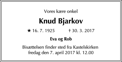 Dødsannoncen for Knud Bjarkov - København