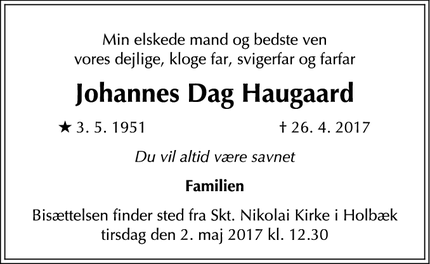 Dødsannoncen for Johannes Dag Haugaard - Holbæk