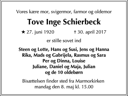 Dødsannoncen for Tove Inge Schierbeck - København