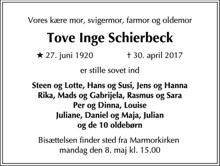 Dødsannoncen for Tove Inge Schierbeck - København