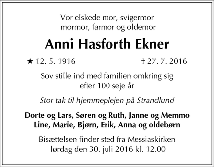 Dødsannoncen for Anni Hasforth Ekner - Charlottenlund
