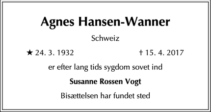 Dødsannoncen for Agnes Hansen-Wanner - Orselina