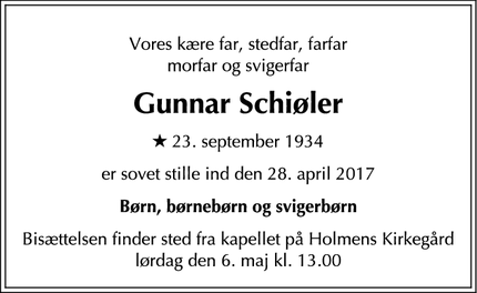 Dødsannoncen for Gunnar Schiøler - København, Danmark