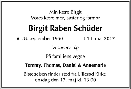 Dødsannoncen for Birgit Raben Schüder - Lillerød
