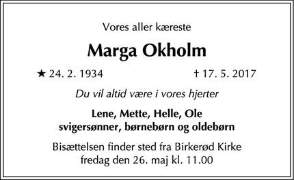 Dødsannoncen for Marga Okholm - Birkerød