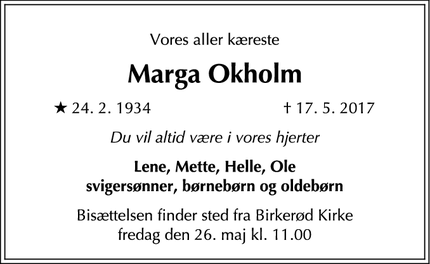 Dødsannoncen for Marga Okholm - Birkerød