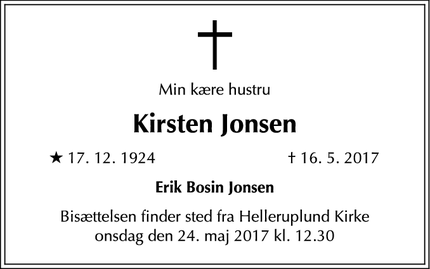 Dødsannoncen for Kirsten Jonsen - Hellerup