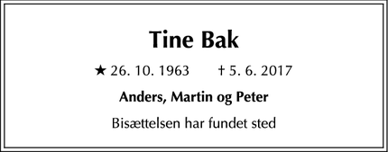 Dødsannoncen for Tine Bak - København