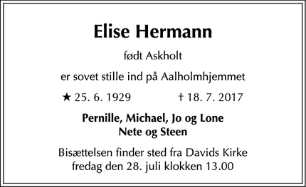 Dødsannoncen for Elise Hermann - København K