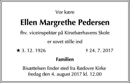 Dødsannoncen for Ellen Margrethe Pedersen - København, Valby