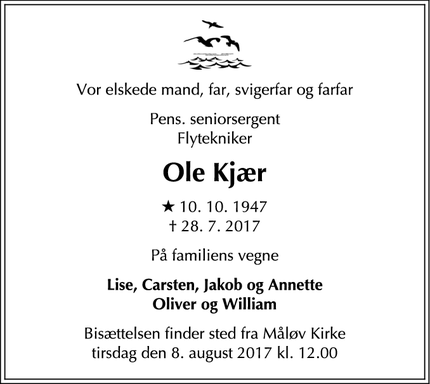 Dødsannoncen for Ole Kjær - Ballerup