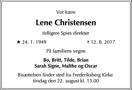 Dødsannoncen for Lene Christensen - 2000 Frederiksberg