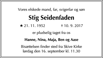 Dødsannoncen for Stig Seidenfaden - Skive