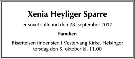 Dødsannoncen for Xenia Heyliger Sparre - Helsingør