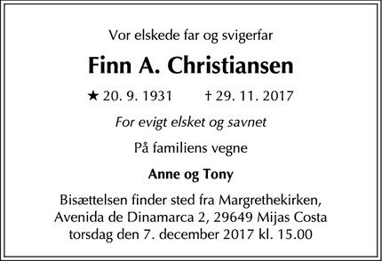 Dødsannoncen for Finn A. Christiansen - Fuengirola