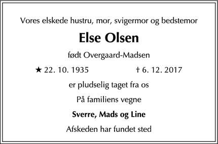 Dødsannoncen for Else Olsen - Humlebæk,3050