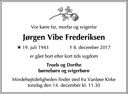 Dødsannoncen for Jørgen Vibe Frederiksen - Vanløse