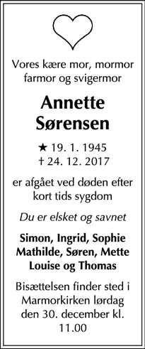 Dødsannoncen for Annette
Sørensen - København