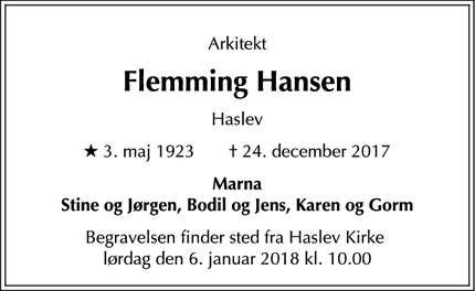 Dødsannoncen for Flemming Hansen - Haslev