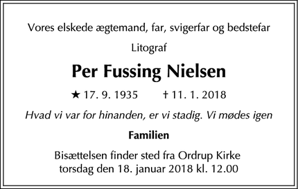 Dødsannoncen for  Per Fussing Nielsen - Charlottenlund 