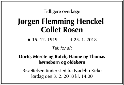 Dødsannoncen for Jørgen Flemming Henckel 
Collet Rosen - Rudkøbing