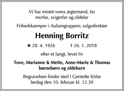 Dødsannoncen for Henning Borritz - Gentofte, Danmark