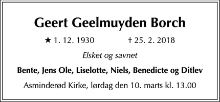 Dødsannoncen for Geert Geelmuyden Borch - Fredensborg