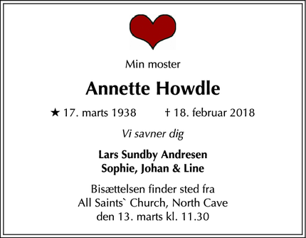 Dødsannoncen for Annette Howdle - North Cave England