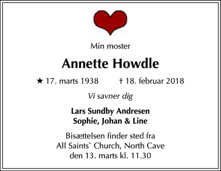Dødsannoncen for Annette Howdle - North Cave England