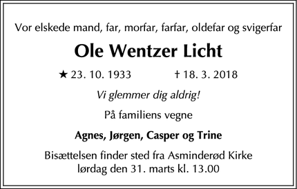 Dødsannoncen for Ole Wentzer Licht - Fredensborg