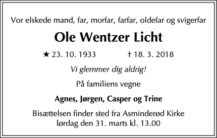 Dødsannoncen for Ole Wentzer Licht - Fredensborg