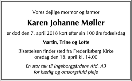 Dødsannoncen for Karen Johanne Møller - Valby