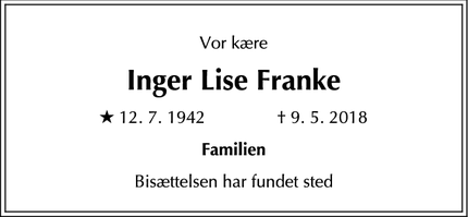 Dødsannoncen for Inger Lise Franke - Birkerød