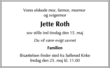 Dødsannoncen for Jette Roth - Holte