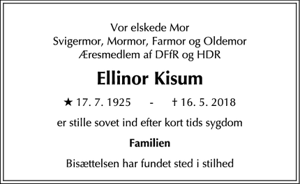 Dødsannoncen for Ellinor Kisum - Vordingborg